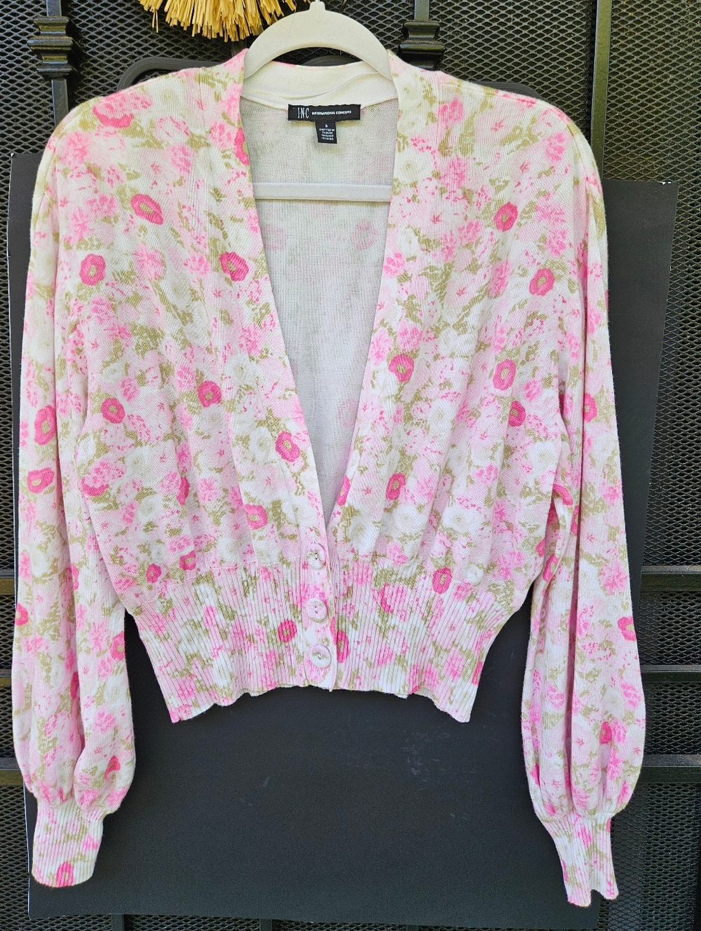 INC International Concepts Floral Cropped Cardigan Balloon Sleeve Sweater Size S